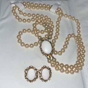 Vintage double row, hand knotted Menorca faux pearls/brooch/earrings